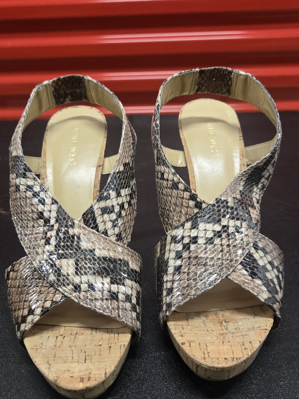 Nine West Women's Snake-Print Cork Platform Sandals in Beige Size 8